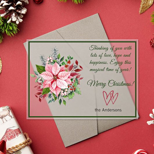 Invitations En Acrylique Pink and Green Poinsettia Frosted Christmas Card