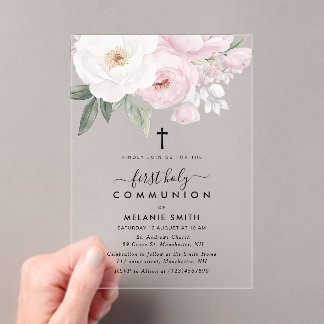 Invitations En Acrylique Pink and white flowers first holy communion