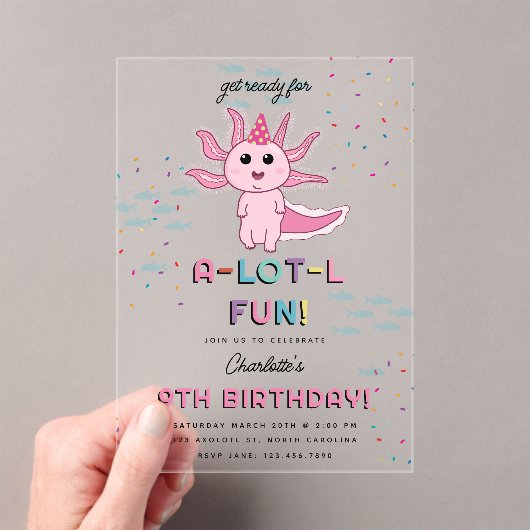 Invitations En Acrylique Pink Axolotl Enfants mignonne Salamander Anniversa (In situ (ordinateur de poche))