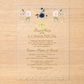 Invitations En Acrylique Pink Blue Floral Triplets First Holy Communion (Recto)