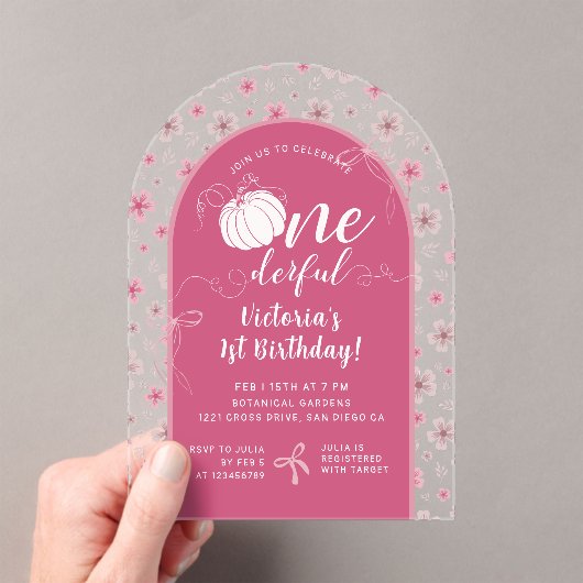 INVITATIONS EN ACRYLIQUE PINK BOW & ARCH FALL PUMPKIN FLOWERS BIRTHDAY (In situ (ordinateur de poche))