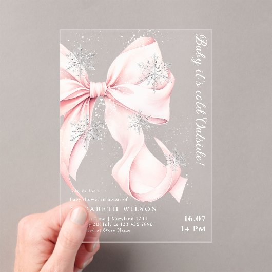 Invitations En Acrylique Pink Bow Baby It's Cold Outside Baby Shower (In situ (ordinateur de poche))