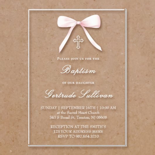 Invitations En Acrylique pink bow Baptism girl