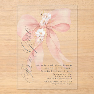 Invitations En Acrylique Pink Bow C'est une fille Floral pastel Baby shower