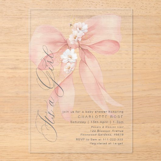 Invitations En Acrylique Pink Bow C'est une fille Floral pastel Baby shower (Recto)