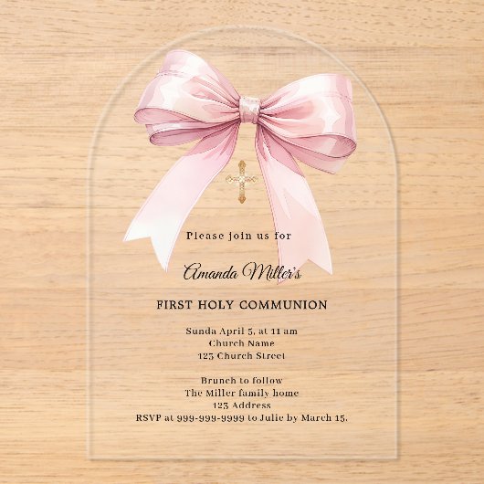 Invitations En Acrylique Pink bow cream girl First Communion arch (Recto)