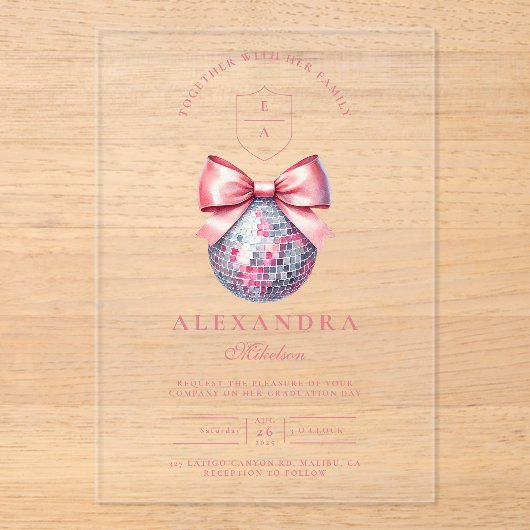 Invitations En Acrylique Pink Bow Disco Ball Party (Recto)
