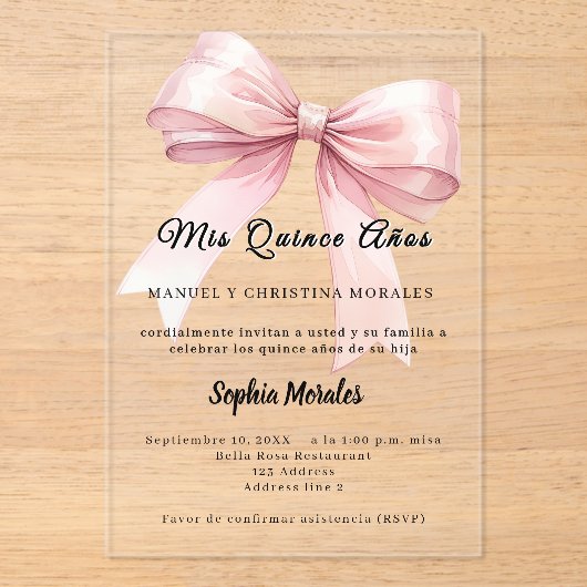 Invitations En Acrylique Pink bow elegant Quinceanera luxury clear (Recto)