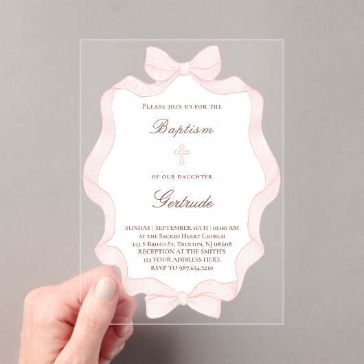 Invitations En Acrylique pink bow frame Baptism (In situ (ordinateur de poche))