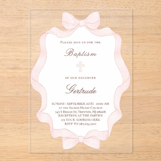 Invitations En Acrylique  pink bow frame Baptism  (Recto)