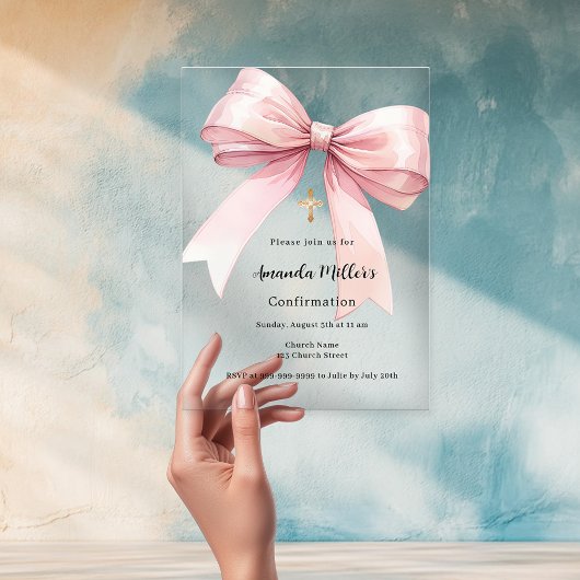 Invitations En Acrylique Pink bow girl clear Confirmation