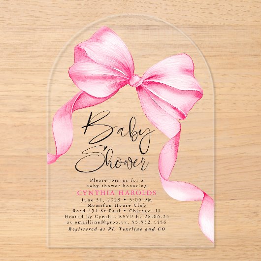 Invitations En Acrylique Pink Bow mignon bébé Baby shower fille (Recto)