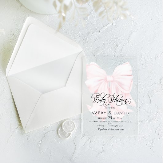 Invitations En Acrylique Pink Bow moderne Élégant Baby shower fille