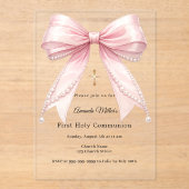 Invitations En Acrylique Pink bow pearls elegant luxury First Communion (Recto)