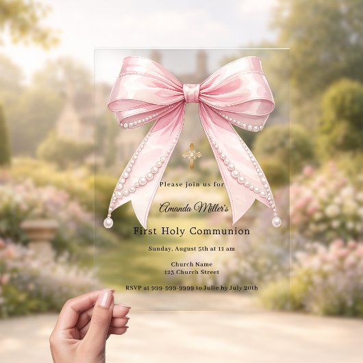Invitations En Acrylique Pink bow pearls elegant luxury First Communion