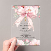 Invitations En Acrylique Pink bow pearls florals girl clear Baptism (In situ (ordinateur de poche))