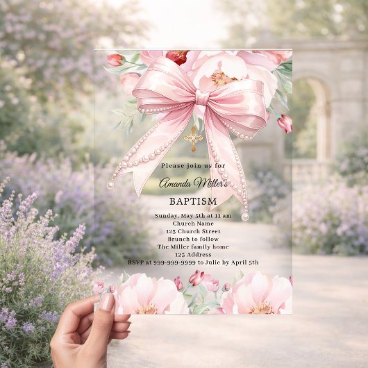Invitations En Acrylique Pink bow pearls florals girl clear Baptism