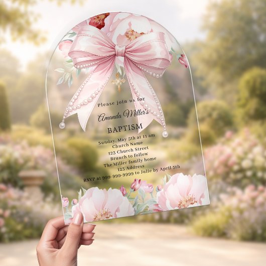 Invitations En Acrylique Pink bow pearls florals girl clear Baptism arch