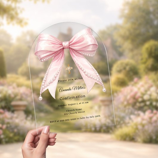 Invitations En Acrylique Pink bow pearls girl luxury Confirmation arch