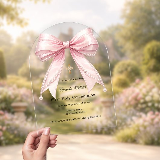 Invitations En Acrylique Pink bow pearls luxury First Communion arch