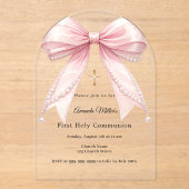 Invitations En Acrylique Pink bow pearls luxury First Communion arch (Recto)