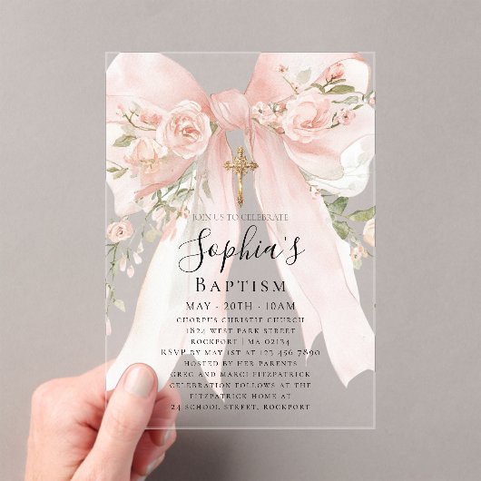 Invitations En Acrylique Pink Bow Rose Floral Girl Baptism (In situ (ordinateur de poche))