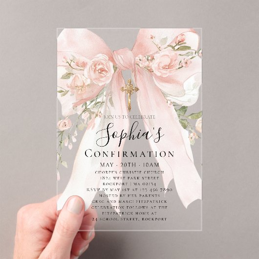 Invitations En Acrylique Pink Bow Rose Floral Girl Confirmation (In situ (ordinateur de poche))