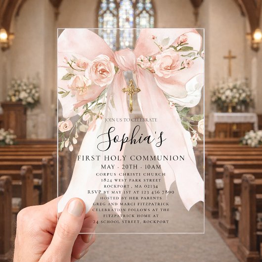 Invitations En Acrylique Pink Bow Rose Floral Girl First Communion