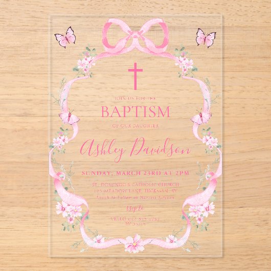Invitations En Acrylique Pink Bow Wildflower Butterfly Baptism Christening (Recto)