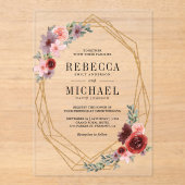 Invitations En Acrylique Pink Burgundy Floral Gold Wedding (Recto)