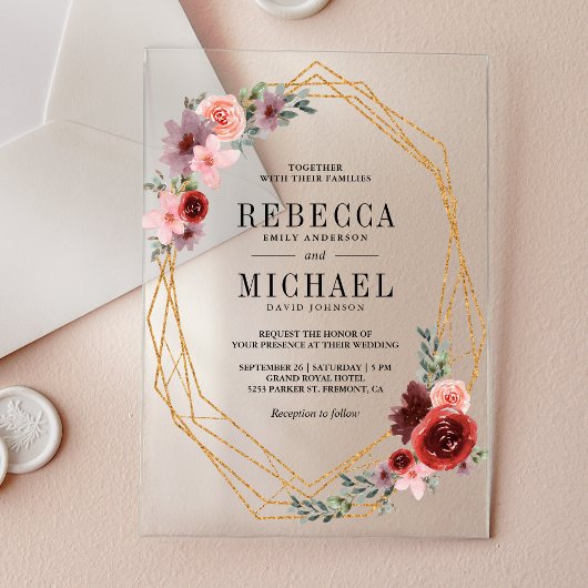 Invitations En Acrylique Pink Burgundy Floral Gold Wedding