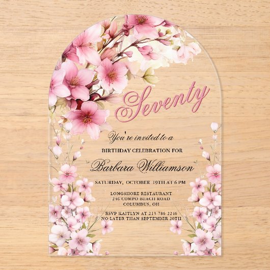 Invitations En Acrylique Pink Floral Arch Elégance 70e fête d'anniversaire (Recto)
