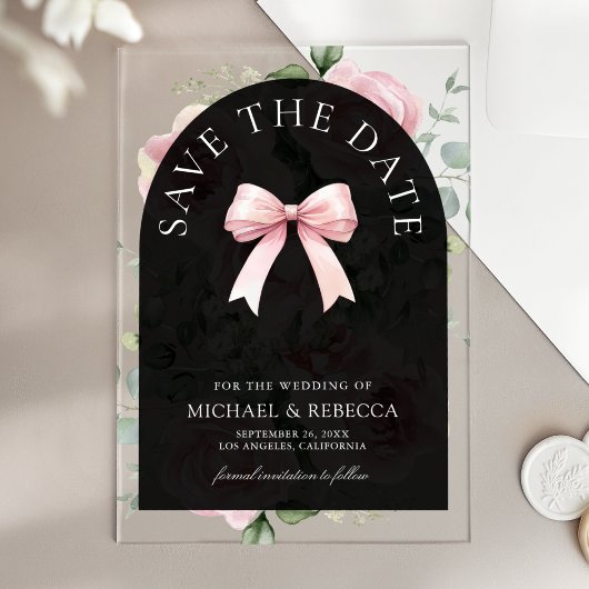 Invitations En Acrylique Pink Floral Bow Black Wedding Save the Date