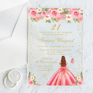 Invitations En Acrylique Pink Floral Brown cheveux Princess Anniversaire