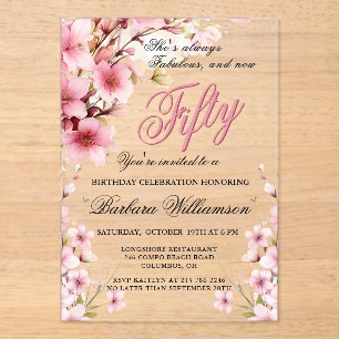 Invitations En Acrylique Pink Floral Elegance 50ème et Fab Anniversaire