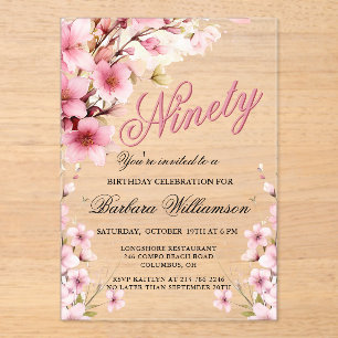 Invitations En Acrylique Pink Floral Elegance 90e fête d'anniversaire