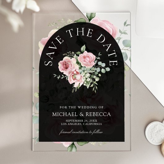 Invitations En Acrylique Pink Floral Eucalyptus Black Wedding Save the Date