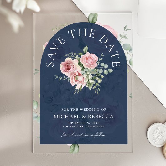 Invitations En Acrylique Pink Floral Eucalyptus Navy Wedding Save the Date