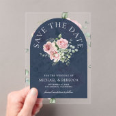 Invitations En Acrylique Pink Floral Eucalyptus Navy Wedding Save the Date (In situ (ordinateur de poche))