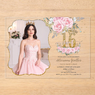 Invitations En Acrylique Pink Floral Gold Sweet Sixteen 16th Birthday Photo
