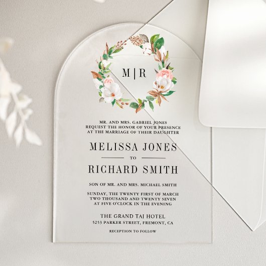 Invitations En Acrylique Pink Floral Magnolia Monogram Wedding  