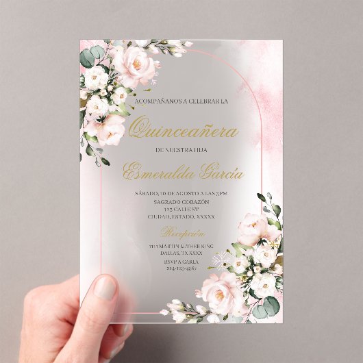 Invitations En Acrylique Pink floral quinceañera (In situ (ordinateur de poche))