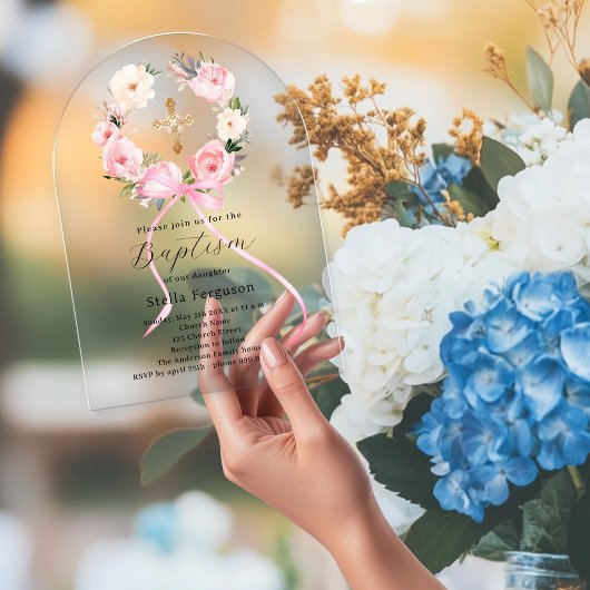 Invitations En Acrylique Pink floral wreath bow cross girl baptism arch