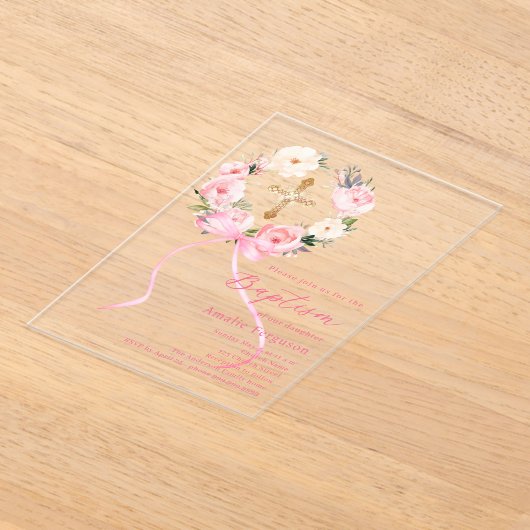 Invitations En Acrylique Pink floral wreath cross bow girl baptism clear (Poser)