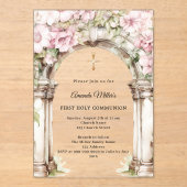 Invitations En Acrylique Pink florals arch girl First Communion clear (Recto)