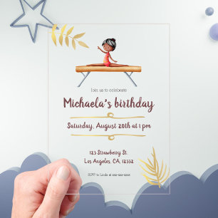 Invitations En Acrylique Pink Gold Gymnastique Girl Balance poutre Annivers