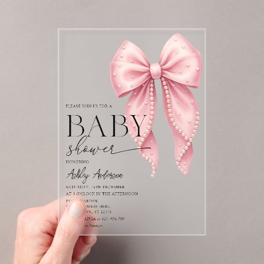 Invitations En Acrylique Pink Pearl Bow Girl Baby Shower (In situ (ordinateur de poche))