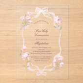 Invitations En Acrylique pink peonies First Holy Communion girl (Recto)