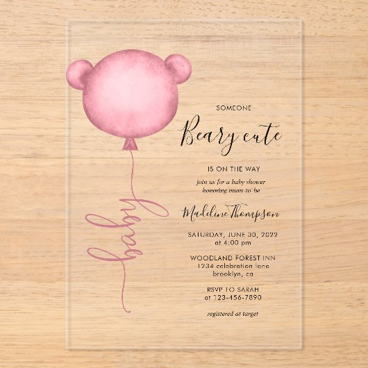 Invitations En Acrylique Pink Quelqu'Un Beary Baby shower Ballons mignon (Recto)