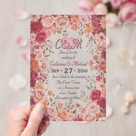 Invitations En Acrylique Pink & Red Romantic Rose Spring Floral Wedding